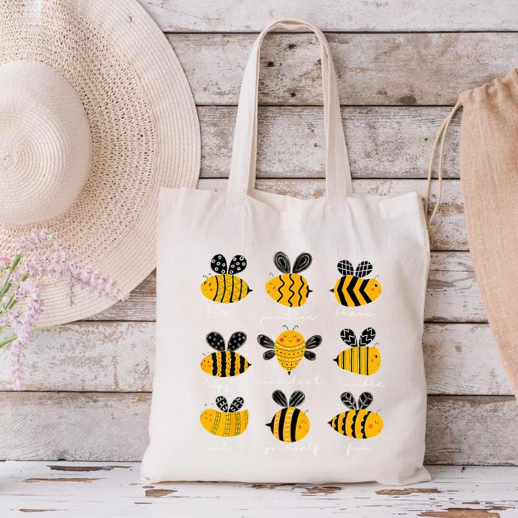 Bee Kind Positive Brave Happy Confident Humble Teacher Canvas Tote Bag, gift for family, gift for coworker
