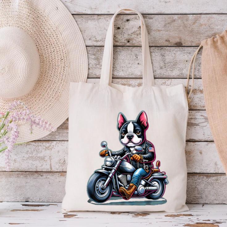 Biker Boston Terrier Dog Riding Motorbike Canvas Tote Bag, Boston Terrier Riding Tote Bags, gift for family, gift for coworker