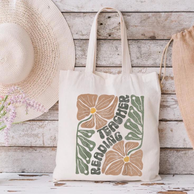 Boho Floral Reading Teacher Retro Reading Specialist Wildfl Canvas Tote Bag, gift for family, gift for coworker Boho Floral Reading Teacher Retro Reading Specialist Wildfl Canvas Tote Bag, gift for family, gift for coworker