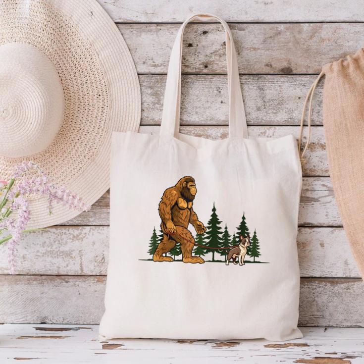 Boston Terrier Bigfoot Dog Walking Dog Mom Dad Kids Canvas Tote Bag, Boston Terrier Mom Tote Bags, Boston Terrier Dad Tote Bags, gift for family, gift for coworker
