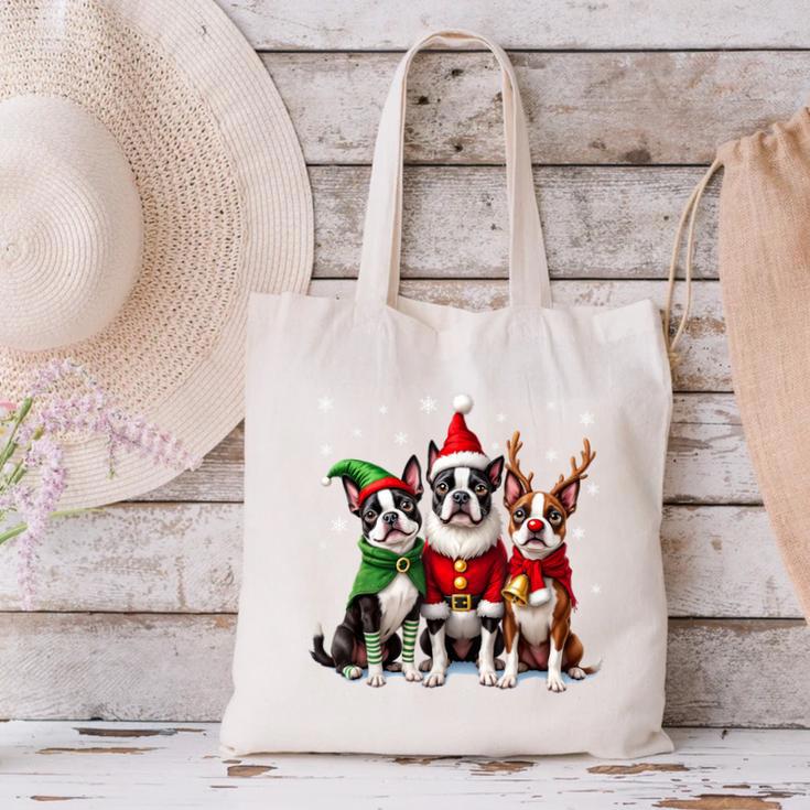 Boston Terrier Christmas Dogs Santa Reindeer Elf Canvas Tote Bag, Boston Terrier Christmas Tote Bags, gift for family, gift for coworker