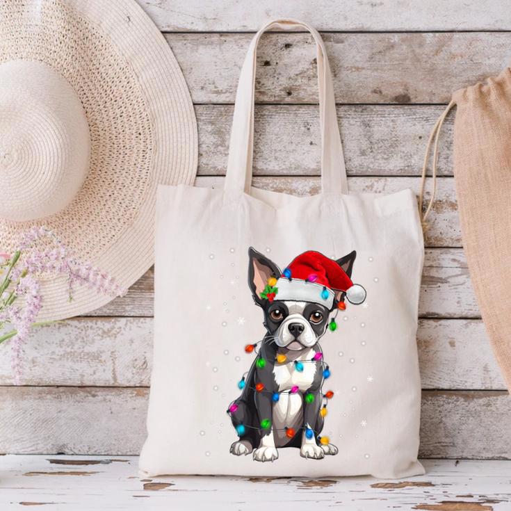 Boston Terrier Christmas Santa Hat Tree Lights Pajama Canvas Tote Bag, Boston Terrier Christmas Tote Bags, gift for family, gift for coworker