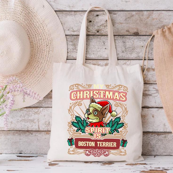 Boston Terrier My Christmas Spirit Dog Santa Claus X-Mas Canvas Tote Bag, Boston Terrier Christmas Tote Bags, gift for family, gift for coworker