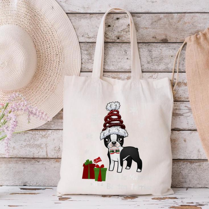 Boston Terrier Christmas T Shirt-Life Is Merrier Premium Tri-Blend Canvas Tote Bag, Boston Terrier Christmas Tote Bags, gift for family, gift for coworker