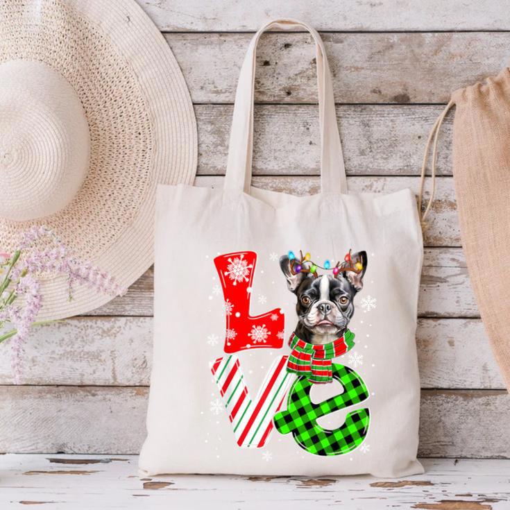 Boston Terrier Christmas Tree Lights Santa Dog Xmas For Men Women Kids Canvas Tote Bag, Boston Terrier Christmas Tote Bags, gift for family, gift for coworker