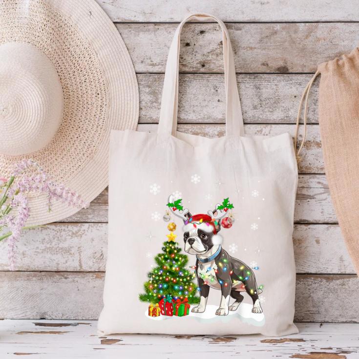 Boston Terrier Christmas Tree Lights Santa Hat Canvas Tote Bag, Boston Terrier Christmas Tote Bags, gift for family, gift for coworker