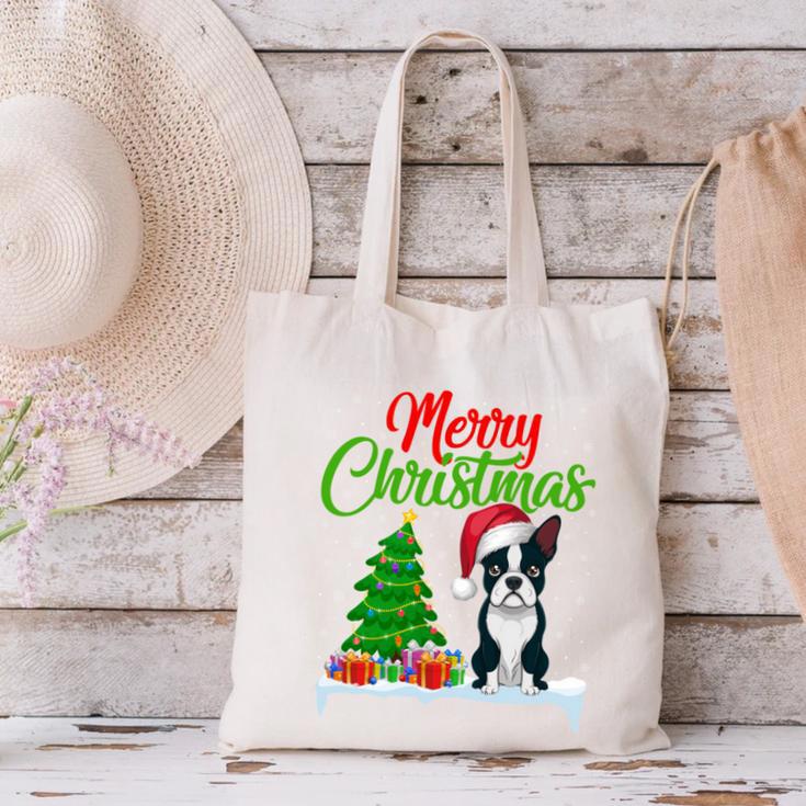 Boston Terrier Christmas Tree Lights Xmas Dog Lover Canvas Tote Bag, Boston Terrier Christmas Tote Bags, gift for family, gift for coworker