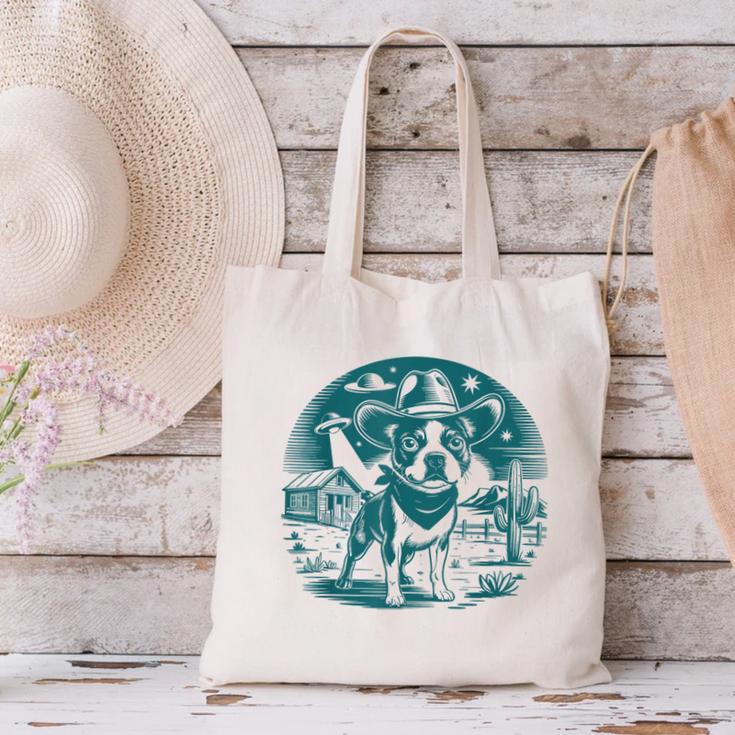 Boston Terrier Cowboy UFO Shirt Vintage Western Dog Mom Tee Canvas Tote Bag, Boston Terrier Mom Tote Bags, gift for family, gift for coworker