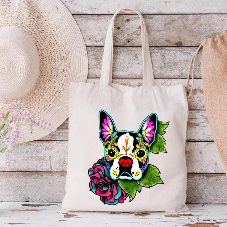 Boston Terrier In Day Of The Dead Sugar Skull Dog Canvas Tote Bag, gift for family, gift for coworker