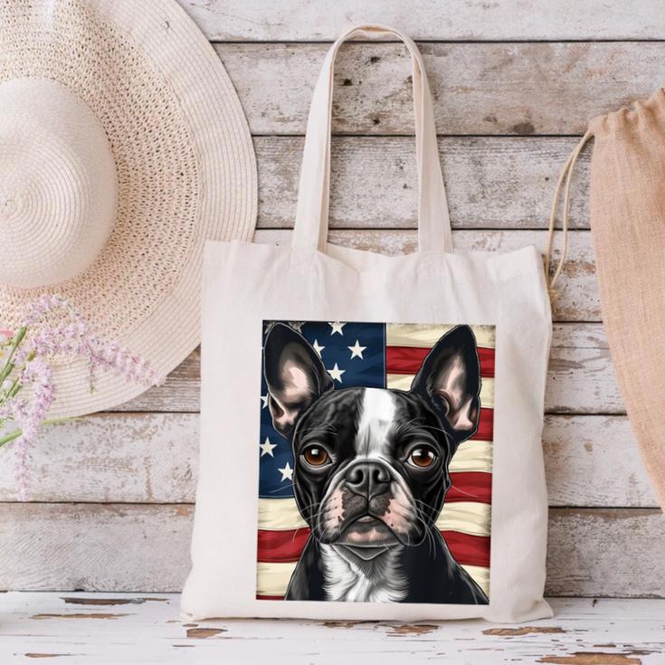 Boston Terrier Dog American Flag 4th Of July Patriotic Puppy Canvas Tote Bag, Patriotic Boston Terrier Tote Bags, American Boston Terrier Tote Bags, Boston Terrier 4th Of July Tote Bags, gift for family, gift for coworker