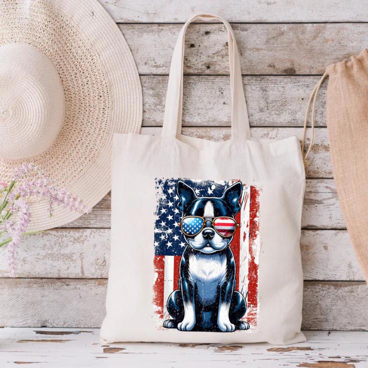 Boston Terrier Dog American USA US Flag Pets Vintage Outfit Canvas Tote Bag, American Boston Terrier Tote Bags, gift for family, gift for coworker