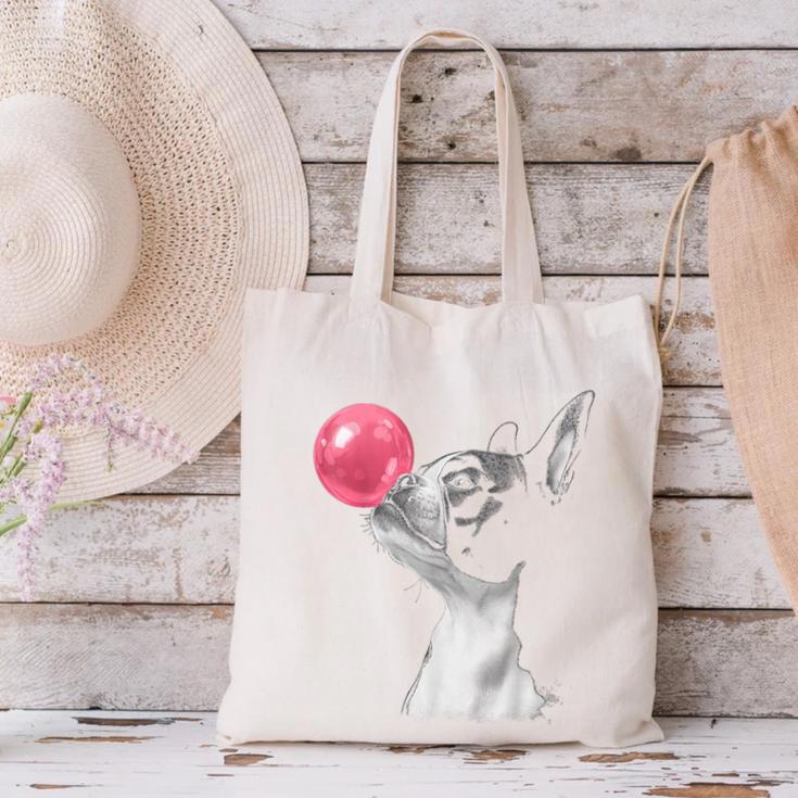 Boston Terrier Dog Blowing Chewing Bubble Gum Pink Canvas Tote Bag, gift for family, gift for coworker