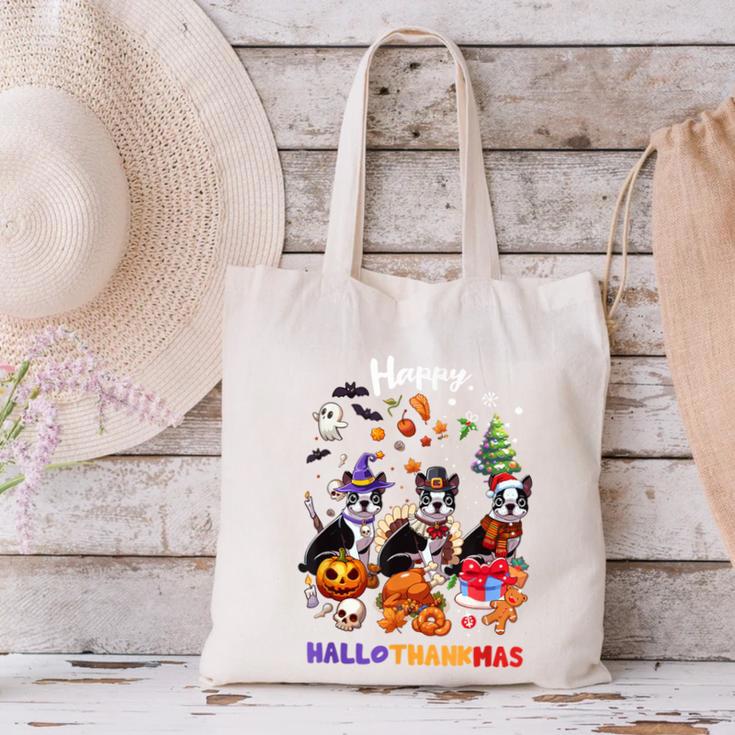 Boston Terrier Dog Christmas Happy Hallothankmas Halloween For Men Women Kids Canvas Tote Bag, Boston Terrier Halloween Tote Bags, Boston Terrier Christmas Tote Bags, gift for family, gift for coworker