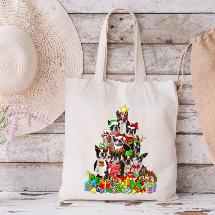 Boston Terrier Dog Christmas Tree Lights Xmas Pajama For Men Women Kids Canvas Tote Bag, Boston Terrier Christmas Tote Bags, gift for family, gift for coworker