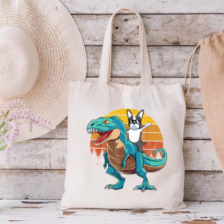 Boston Terrier Dog Riding Dinosaur T Rex Boys Canvas Tote Bag, Boston Terrier Riding Tote Bags, gift for family, gift for coworker