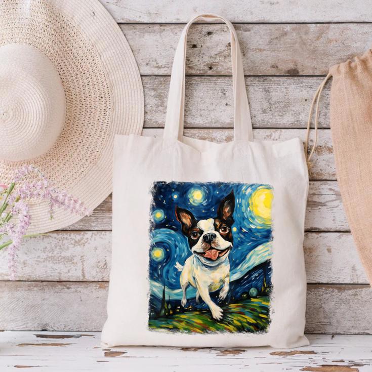 Boston Terrier Dog Starry Night Painting Canvas Tote Bag, gift for family, gift for coworker