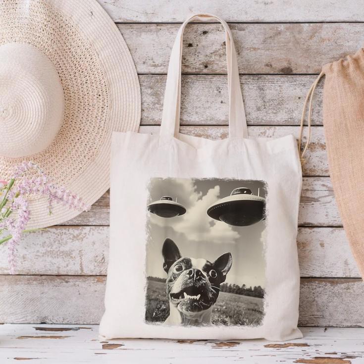Boston Terrier Dog UFO Alien Extraterrestrial Selfie Canvas Tote Bag, gift for family, gift for coworker
