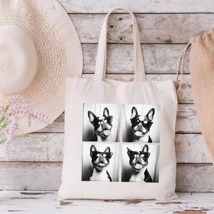 Boston Terrier Dogs With Sunglasses Photo Pets Meme Canvas Tote Bag, gift for family, gift for coworker
