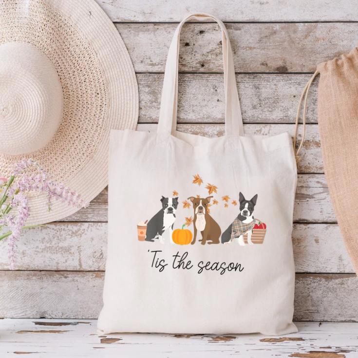 Boston Terrier Fall Pumpkin Tis The Season Autumn Women Canvas Tote Bag, gift for family, gift for coworker