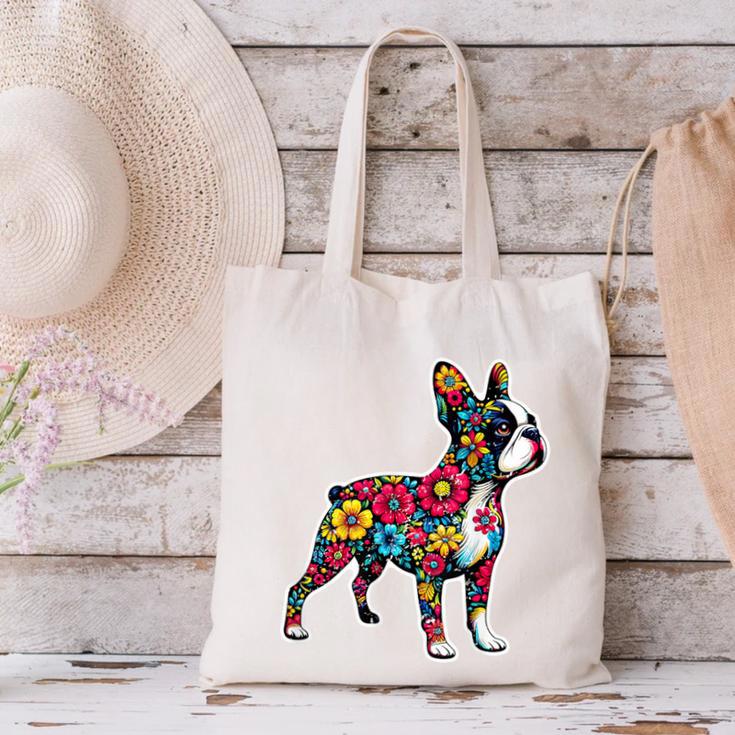 Boston Terrier Floral Vintage Dog Mom Distressed Men Women Kids Canvas Tote Bag, Boston Terrier Mom Tote Bags, gift for family, gift for coworker