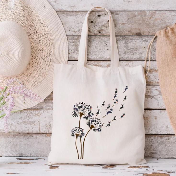Boston Terrier Flower Fly Dandelion Dog Lover Dog Dad Canvas Tote Bag, Boston Terrier Dad Tote Bags, gift for family, gift for coworker