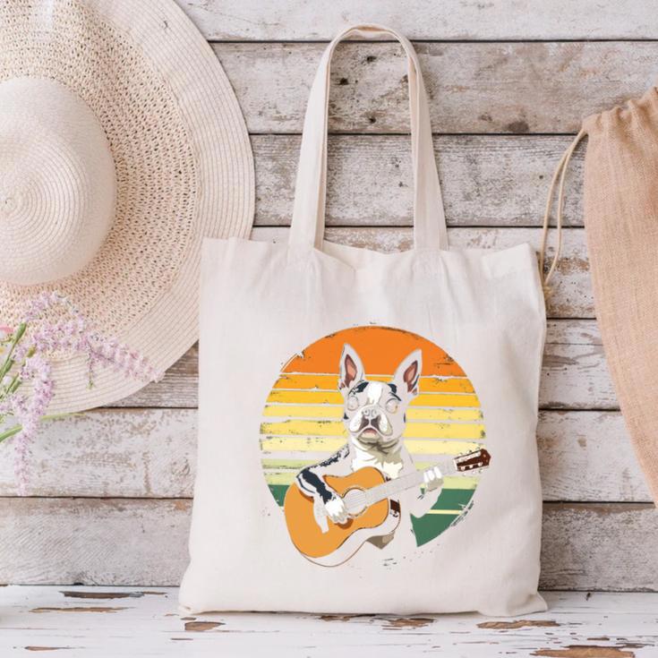 Boston Terrier Guitar Retro Canvas Tote Bag, gift for family, gift for coworker