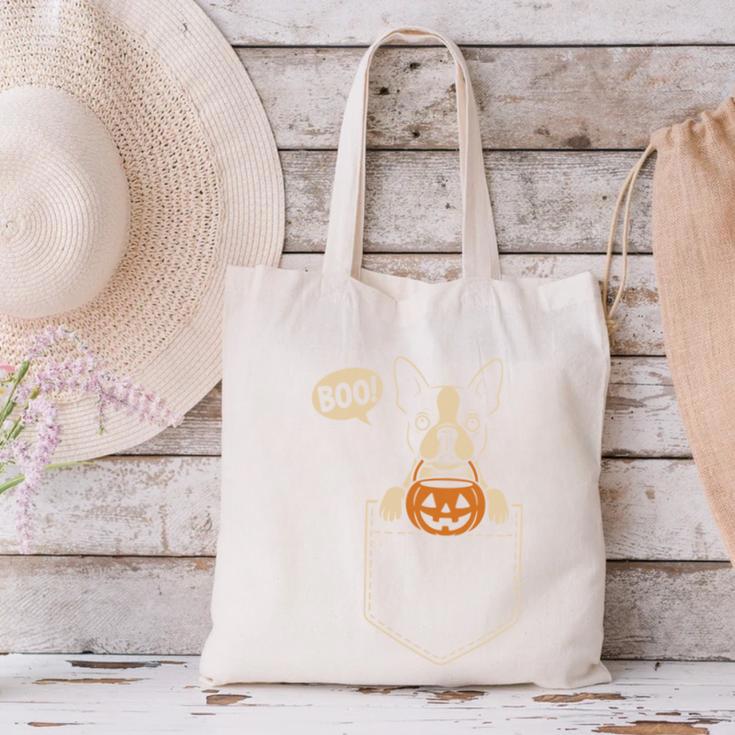 Boston Terrier Halloween Cute Bostie Dog Pocket Boo Canvas Tote Bag, Boston Terrier Halloween Tote Bags, gift for family, gift for coworker