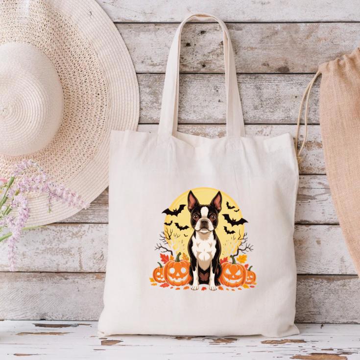 Boston Terrier Halloween Dog Lover Pumpkin Costume Canvas Tote Bag, Boston Terrier Halloween Tote Bags, gift for family, gift for coworker