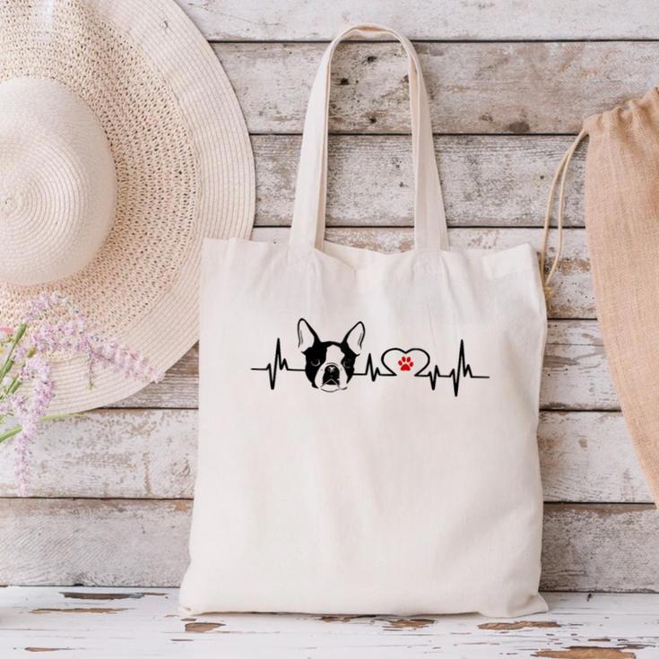 Boston Terrier Heartbeat Heart Line Canvas Tote Bag, gift for family, gift for coworker