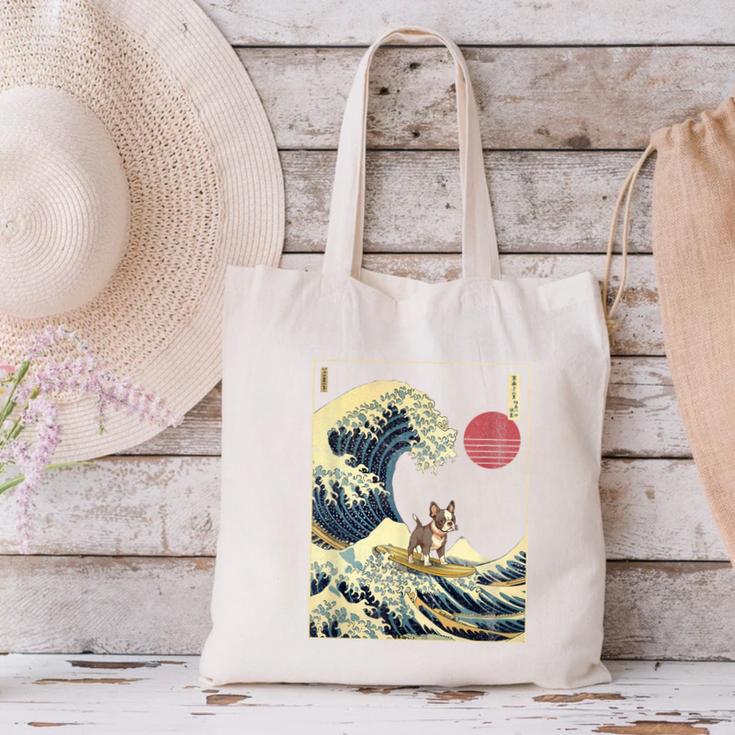 Boston Terrier Japanese Kanagawa Wave Surf Dog Canvas Tote Bag, gift for family, gift for coworker