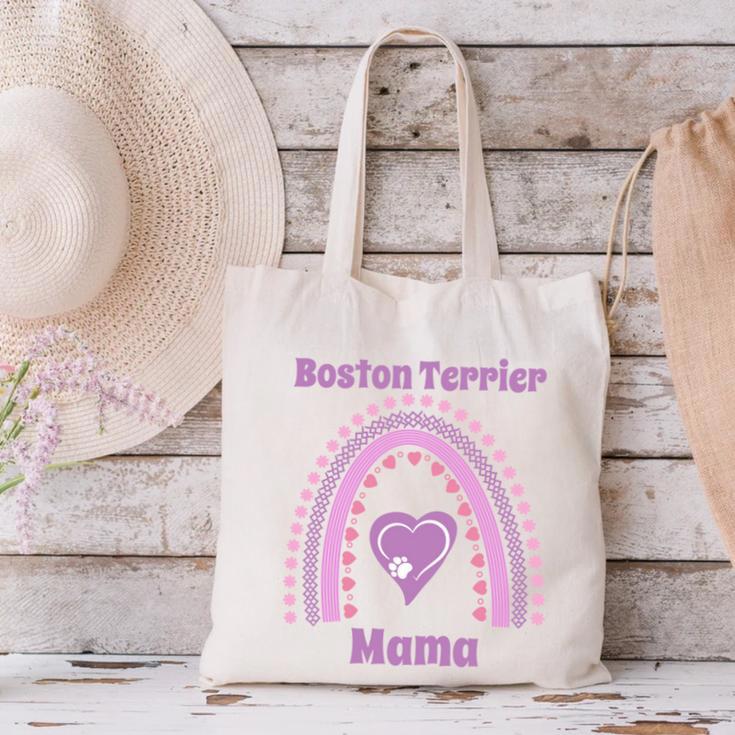 Boston Terrier Mama Cute Rainbow Paw Heart Shape Canvas Tote Bag, gift for family, gift for coworker