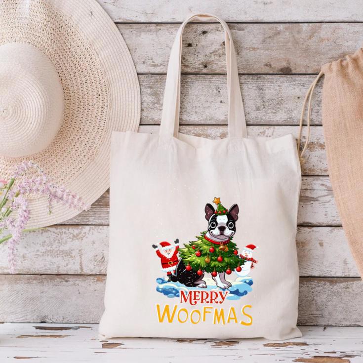 Boston Terrier Merry Christmas Tree Lights Dog X-Mas Dogs Canvas Tote Bag, Boston Terrier Christmas Tote Bags, gift for family, gift for coworker