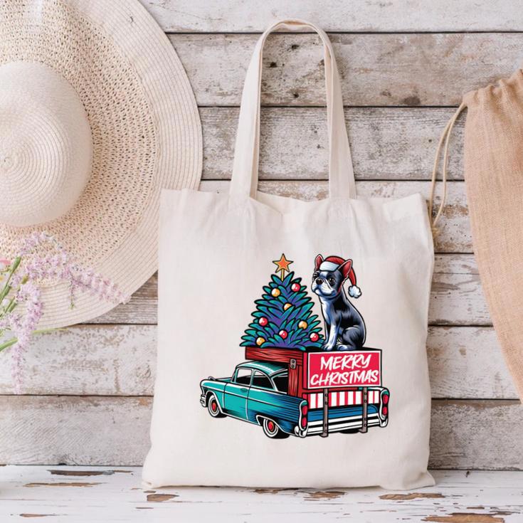 Boston Terrier Merry Christmas Tree Truck Santa Dog X-Mas Canvas Tote Bag, Boston Terrier Christmas Tote Bags, gift for family, gift for coworker