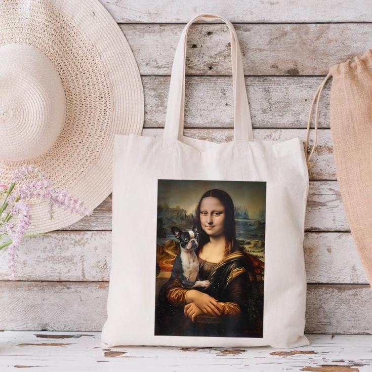 Boston Terrier Mona Lisa Painting Art Dog Mom Dad For Men Women Kids Canvas Tote Bag, Boston Terrier Mom Tote Bags, Boston Terrier Dad Tote Bags, gift for family, gift for coworker