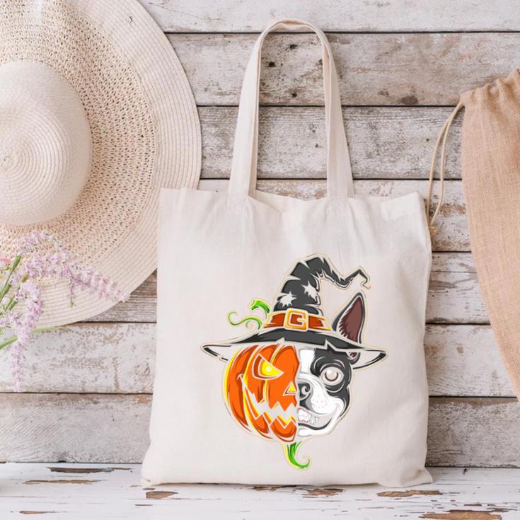Boston Terrier Pumpkin Jack O Lantern Halloween Canvas Tote Bag, Boston Terrier Halloween Tote Bags, gift for family, gift for coworker