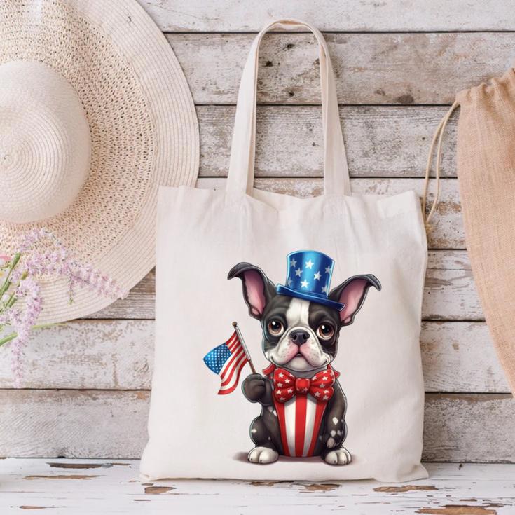 Boston Terrier Puppy Dog Holds His American Flag 4th Of July Canvas Tote Bag, American Boston Terrier Tote Bags, Boston Terrier 4th Of July Tote Bags, gift for family, gift for coworker