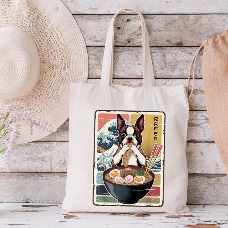 Boston Terrier Ramen Noodles Japanese Art Retro Ocean Waves Canvas Tote Bag, gift for family, gift for coworker