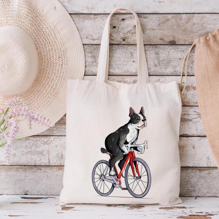 Boston Terrier Riding Bicycle Cute Bostie Biker Raglan Baseball Tee Canvas Tote Bag, Boston Terrier Riding Tote Bags, gift for family, gift for coworker