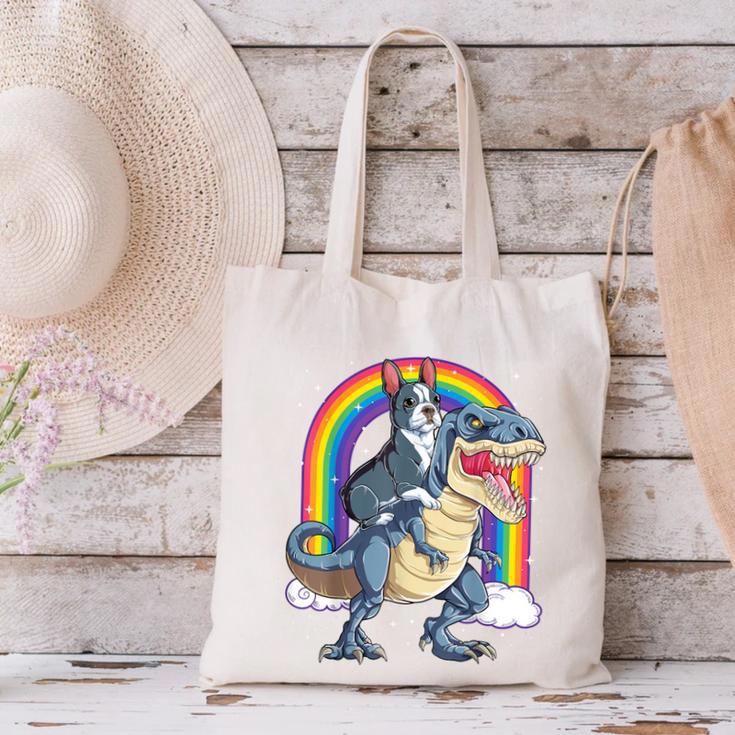 Boston Terrier Riding Dinosaur T-Rex Boys Kids Rainbow Canvas Tote Bag, Boston Terrier Riding Tote Bags, gift for family, gift for coworker