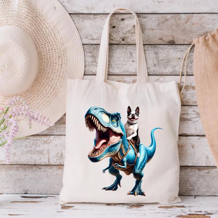 Boston Terrier Riding T-Rex Dinosaur Dog Lover Canvas Tote Bag, Boston Terrier Riding Tote Bags, gift for family, gift for coworker