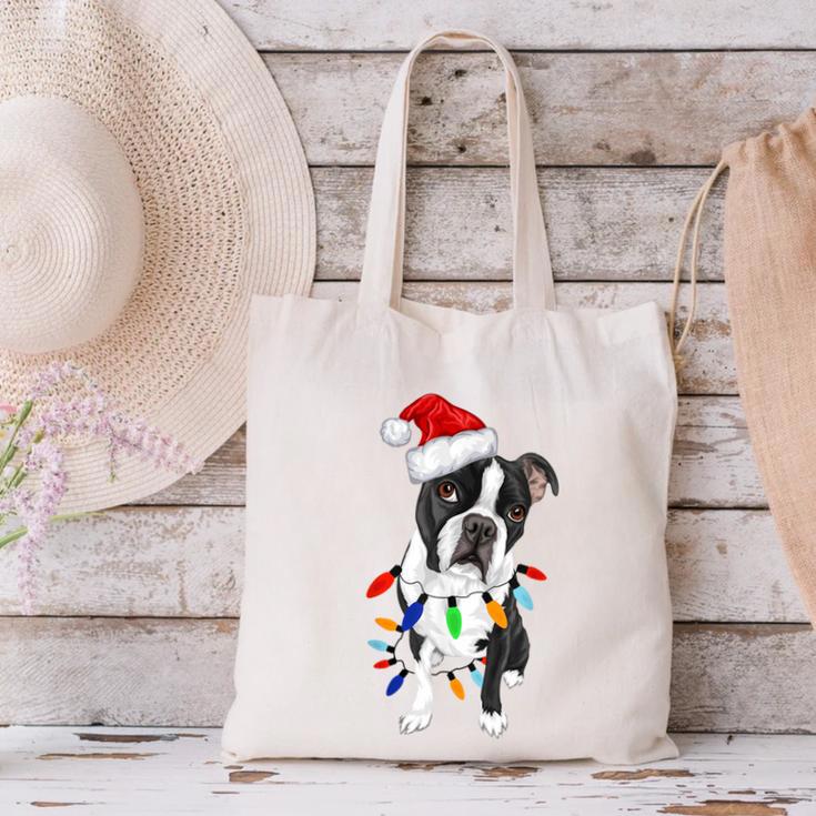 Boston Terrier Santa Christmas Lights Xmas Dog Lover Men Women Kids Canvas Tote Bag, Boston Terrier Christmas Tote Bags, gift for family, gift for coworker