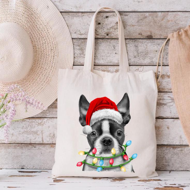 Boston Terrier Santa Christmas Tree Lights Xmas Boys Men Dog Canvas Tote Bag, Boston Terrier Christmas Tote Bags, gift for family, gift for coworker