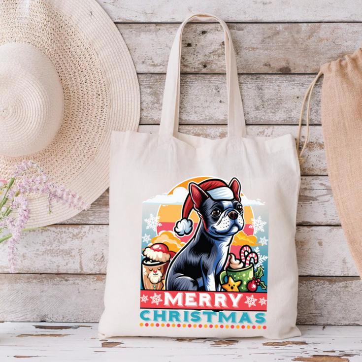 Boston Terrier Santa Claus Coffee Mug Merry Christmas Dogs Canvas Tote Bag, Boston Terrier Christmas Tote Bags, gift for family, gift for coworker