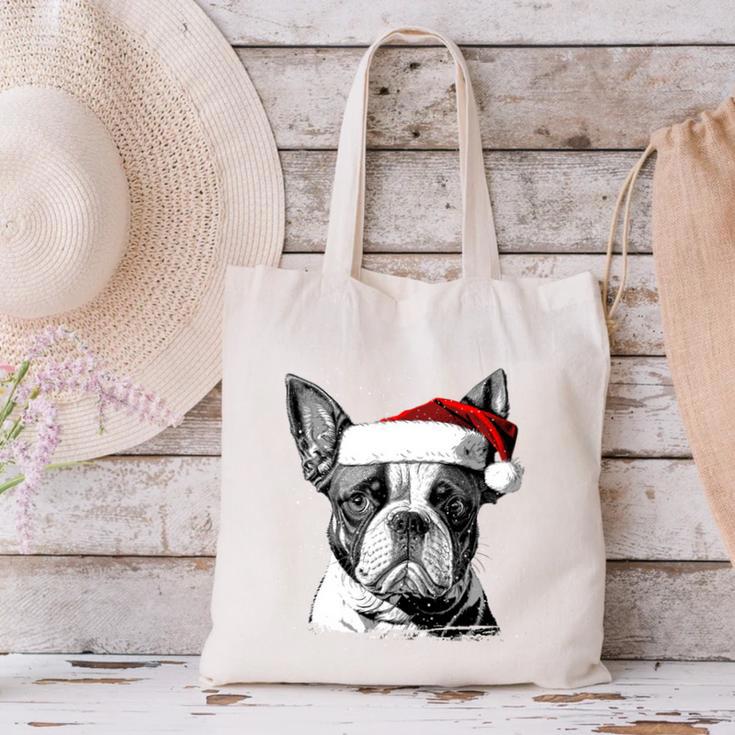 Boston Terrier Santa Claus Hat Merry Christmas Dog X-Mas Canvas Tote Bag, Boston Terrier Christmas Tote Bags, gift for family, gift for coworker