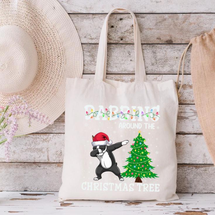 Boston Terrier Santa Hat Dabbing Around The Christmas Tree Canvas Tote Bag, Boston Terrier Christmas Tote Bags, gift for family, gift for coworker