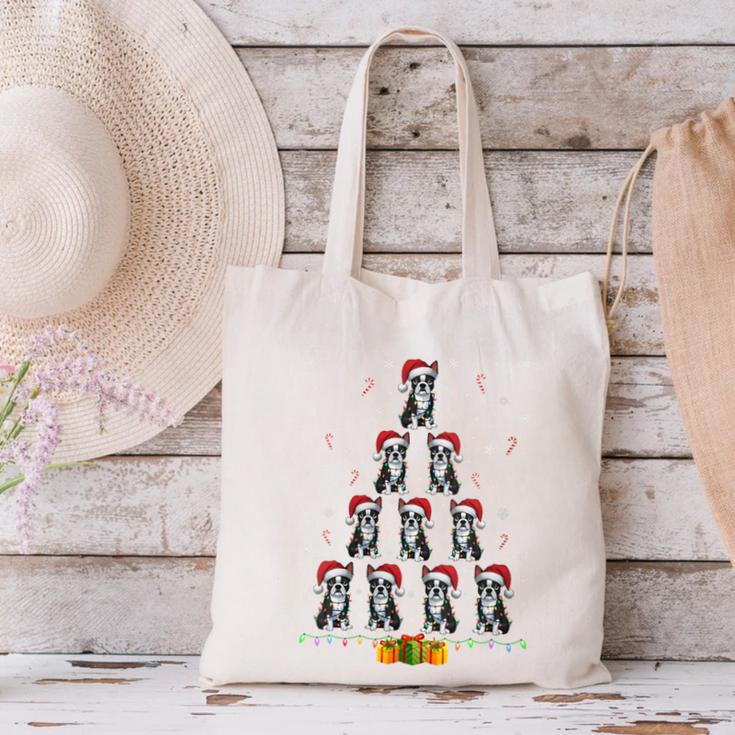 Boston Terrier Santa Hat Xmas Light Men Women Christmas Tree Canvas Tote Bag, Boston Terrier Christmas Tote Bags, gift for family, gift for coworker
