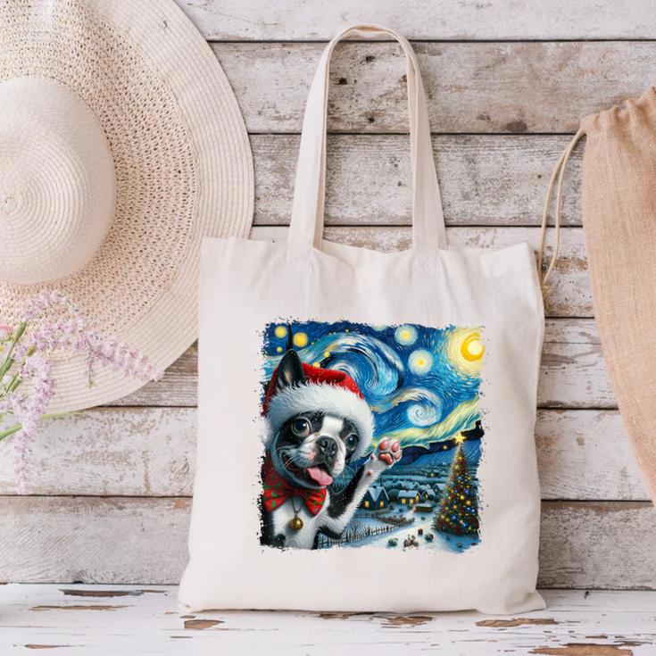 Boston Terrier Santa Starry Night Van Gogh Christmas Dog Men Women Kids Canvas Tote Bag, Boston Terrier Christmas Tote Bags, gift for family, gift for coworker