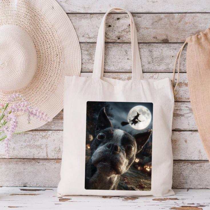 Boston Terrier Selfie Full Moon Flying Witch Halloween Dog Canvas Tote Bag, Boston Terrier Halloween Tote Bags, gift for family, gift for coworker
