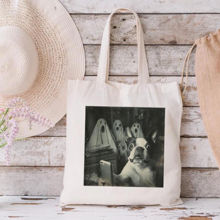 Boston Terrier Selfie With Ghosts Halloween Dog Lover Canvas Tote Bag, Boston Terrier Halloween Tote Bags, gift for family, gift for coworker