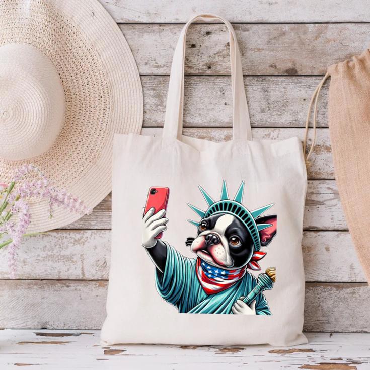 Boston Terrier Selfie Statue Of Liberty 4th Of July American Canvas Tote Bag, American Boston Terrier Tote Bags, Boston Terrier 4th Of July Tote Bags, gift for family, gift for coworker